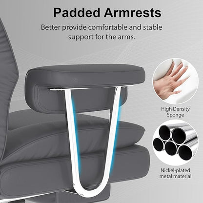 Big and Tall Office Chair, Ergonomic Leather High Back Executive Computer Desk Chair with Retractable Footrest and Padded Arms, 360°Swivel Free, 90-135°Reclining, 500lbs Wide Seat, Gray