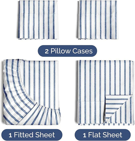 CGK Linens Twin XL 4 Piece Sheet Set - Cooling Sheets for Hot Sleepers - Hotel Luxury Bedding Set w/ 8-16 Inch Deep Pockets - 1 Flat & 1 Fitted & 2 Pillowcases - Soft & Wrinkle Free - Blue Stripes 2