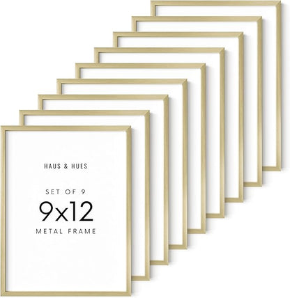 HAUS AND HUES 9x12 Gold Metal Picture Frames - Features Premium Aluminum, Vertical & Horizontal Hang, Shatterproof Plexiglass - Perfect for Home, Room, Office (9x12 in, Gold, Set of 9)