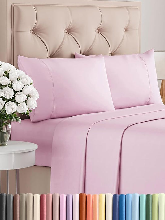 CGK Linens Twin 4 Piece Sheet Set - Cooling Sheets for Hot Sleepers - Hotel Luxury Bedding Set with 8-16 Inch Deep Pockets - 1 Flat & 1 Fitted & 2 Pillowcases - Soft, Comfy & Wrinkle Free - Light Pink