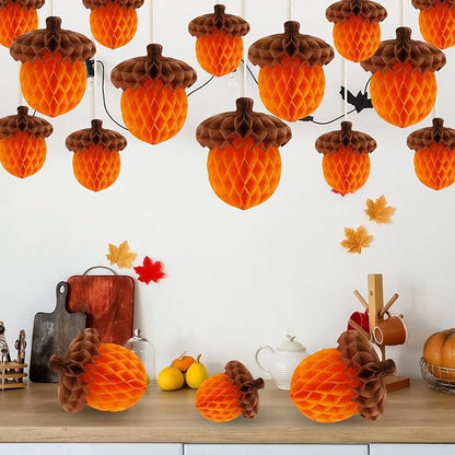 15Pcs Fall Acorn Honeycomb Decorations, Thanksgiving Paper Honeycomb Hanging Ornaments for Autumn Tree Party Favor Supplies Home Decor