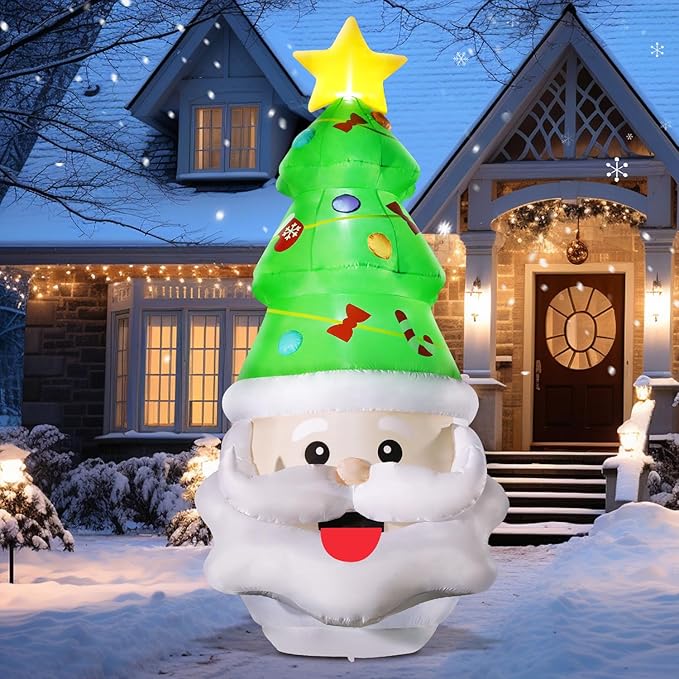 DomKom 8FT Christmas Inflatable Santa Claus and Tree Decoration, Built-in LED Lights Blow Up for Party Lawn Holiday Winter Outdoor Decor