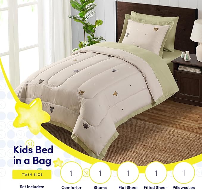 Kids Jungle Safari Comforter Set Twin Size – Bed in a Bag with Savanna Animals, Sheets, Pillowcases & Shams – Soft Bedding with Lions, Giraffes, Elephants, and More – Boys or Girls Bedroom Decor