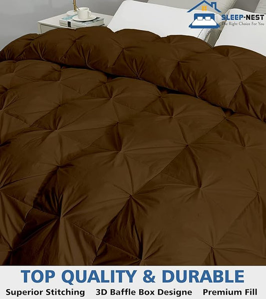SLEEP-NEST Hotel Luxury Eastern King 118 x 110 Inch Weighted Down Alternative Pinch Pleat 1 Piece Comforter with 8 Tabs/Loops 400 GSM-Box Stitched Duvet Insert Extra Large Breathable - Brown
