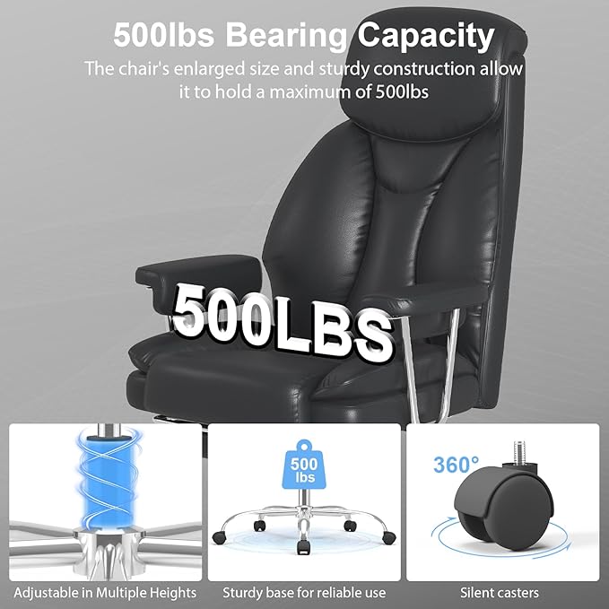 Big and Tall Office Chair, Ergonomic Leather High Back Executive Computer Desk Chair with Retractable Footrest and Padded Arms, 360°Swivel Free, 90-135°Reclining, 500lbs Wide Seat, Black