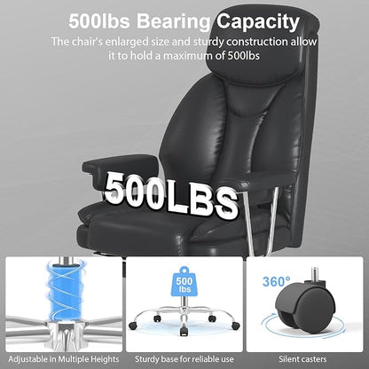 Big and Tall Office Chair, Ergonomic Leather High Back Executive Computer Desk Chair with Retractable Footrest and Padded Arms, 360°Swivel Free, 90-135°Reclining, 500lbs Wide Seat, Black