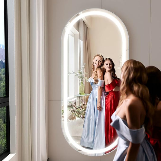 FENNIO 70" x 32" Large Luxury Wall Mounted Mirror with LED Lights - Oval Full Length LED Lighted Full Body Dressing Mirror for Bedroom, Salon, Brushed Aluminum Frame, Tempered Glass