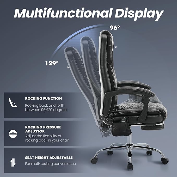 Executive Office Chair with Massage and Heat, Ergonomic Reclining Desk Chair with Footrest, Big and Tall High-Back Leather Computer Chair with Wheels, Adjustable Managerial Chair, Supports 300 lbs