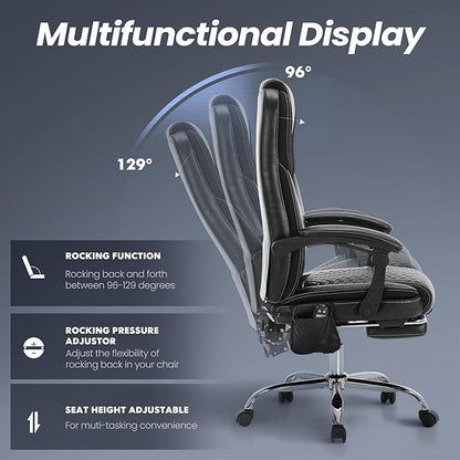 Executive Office Chair with Massage and Heat, Ergonomic Reclining Desk Chair with Footrest, Big and Tall High-Back Leather Computer Chair with Wheels, Adjustable Managerial Chair, Supports 300 lbs