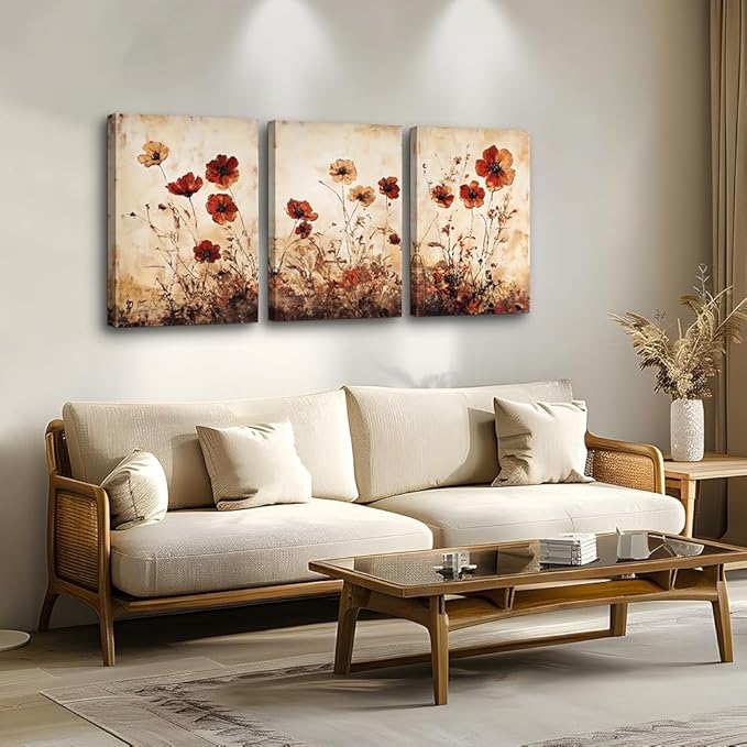 DZRWUBHS Boho Living Room Wall Art Prints Minimalist Wall Decor For Bedroom Vintage Flowers Pictures Office Decorations Bathroom Plant Canvas Painting Modern Home Decor Artwork 3 Piece Ready To Hang