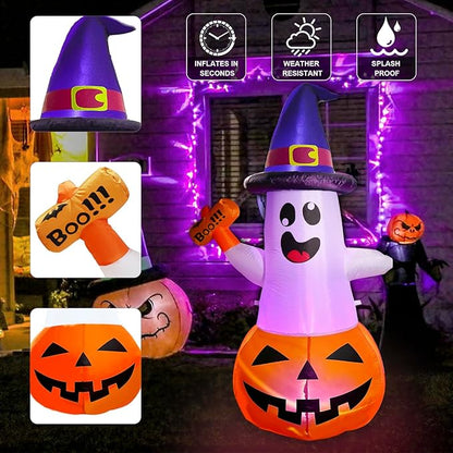 5FT Halloween Inflatables Decorations Outdoor Pumpkin Ghost with Multi-Color Flashing Build-in LED Blow Up Yard Decor Inflatables Clearance for Halloween Party Indoor Outdoor Yard Garden Lawn