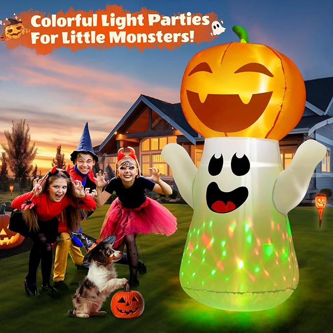5FT Halloween Inflatables Pumpkin Ghost Built-in 3-Pattern Colorful Flashing Light, Cute Halloween Blow Up Yard Decorations for Indoor Outdoor Home/Holiday/Party/Yard/Lawn (1PCS)