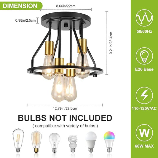 WILON Semi Flush Mount Ceiling Light 4-Light Ceiling Light Fixtures - Black Gold Farmhouse Kitchen Light Industrial Hallway Light Fixtures Ceiling Lamp for Hallway Kitchen Foyer (E26 Socket)