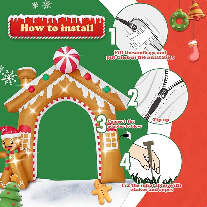 10FT Christmas Inflatable Archway Outdoor Decorations, Giant Blow Up Gingerbread House and Man Arch Yard Decoration, Xmas Decor Build-in LED Lights for Garden Lawn Yard Porch Holiday Party