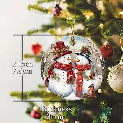 Snowman Couple Ornaments Winter Holiday Round Ceramic Colorful Hanging Ornament Christmas Keepsake Decor for Xmas Tree Winter Holiday Xmas Gift for Women Men 3"