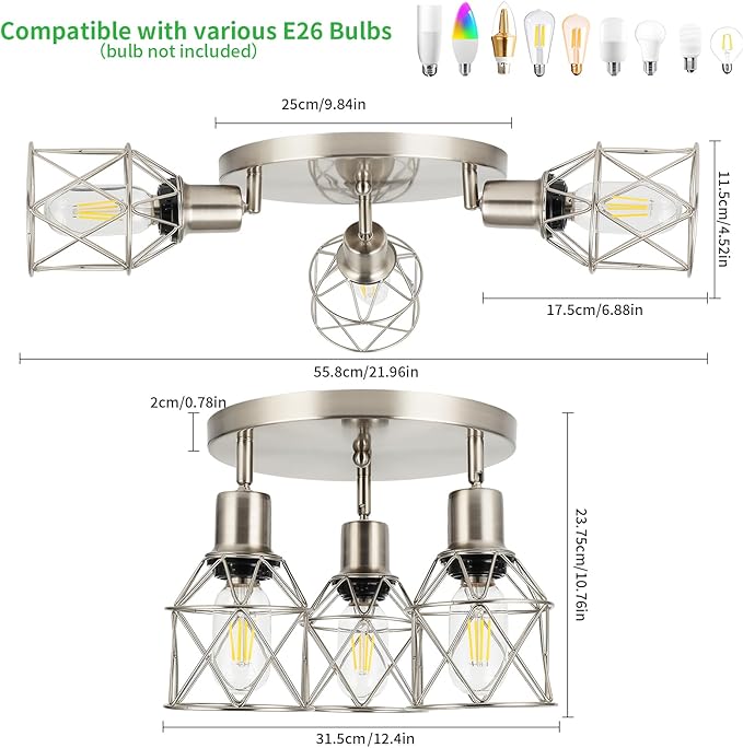 WILON Semi Flush Mount Ceiling Light 3-Light Brushed Nickel Close to Ceiling Light Fixtures, Kitchen Light Fixtures Ceiling Mount E26 Base Multi-Directional Ceiling Lamp Modern Hallway Light Fixtures