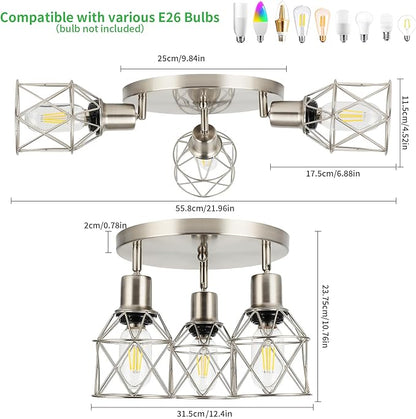 WILON Semi Flush Mount Ceiling Light 3-Light Brushed Nickel Close to Ceiling Light Fixtures, Kitchen Light Fixtures Ceiling Mount E26 Base Multi-Directional Ceiling Lamp Modern Hallway Light Fixtures