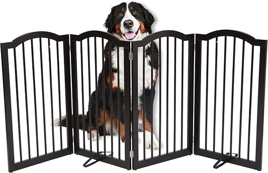 INTERNET'S BEST Arched Top Dog Gate with Support Feet | 4 Panel, 36" H Wooden Pet Barrier for Dogs or Cats | Freestanding Folding Gates for Doorways, Hallways, Stairs| Portable, Extra Wide | Espresso