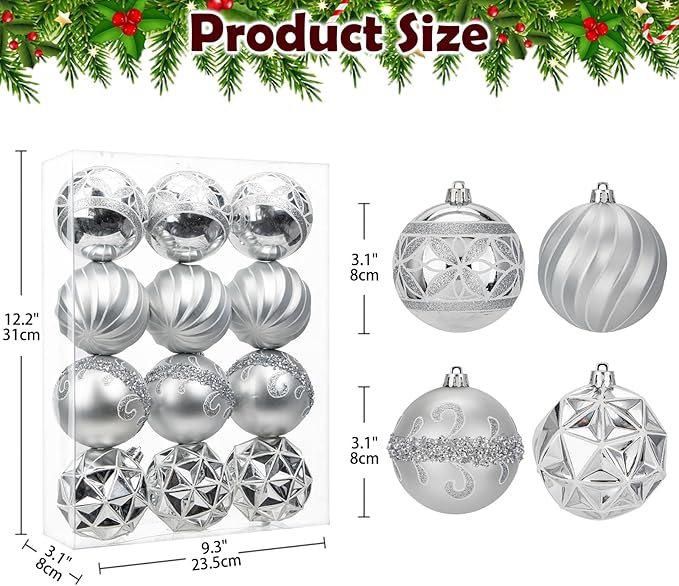12pcs Silver Christmas Ornaments Balls 3.14 inch Glitter Hanging Christmas Tree Ornaments Set for Christmas Decorations Hand Painted Shatterproof Christmas Baubles for Xmas Holiday Party Decor