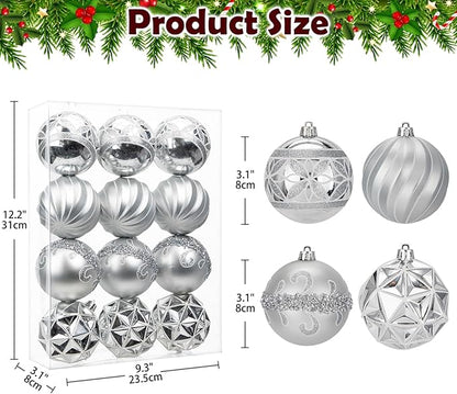 12pcs Silver Christmas Ornaments Balls 3.14 inch Glitter Hanging Christmas Tree Ornaments Set for Christmas Decorations Hand Painted Shatterproof Christmas Baubles for Xmas Holiday Party Decor