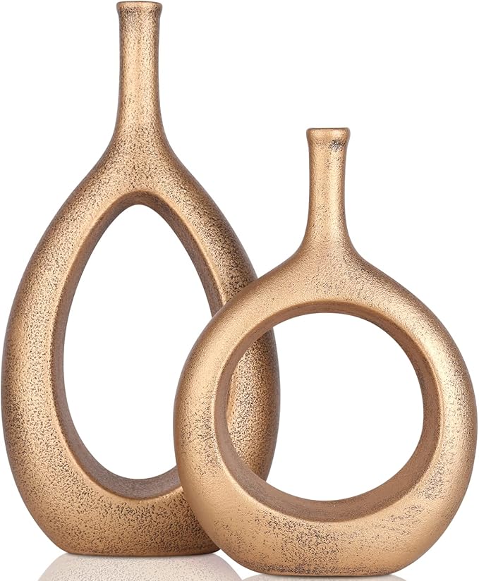 Vintage Gold Ceramic Vase Set 2,Modern Hollow Circle with Hole Flower Vase for Home Decor,for Table Centerpieces,Farmhouse,Fire Place,Living Room,Bedroom,Office,Bookshelf,Rustic Decor