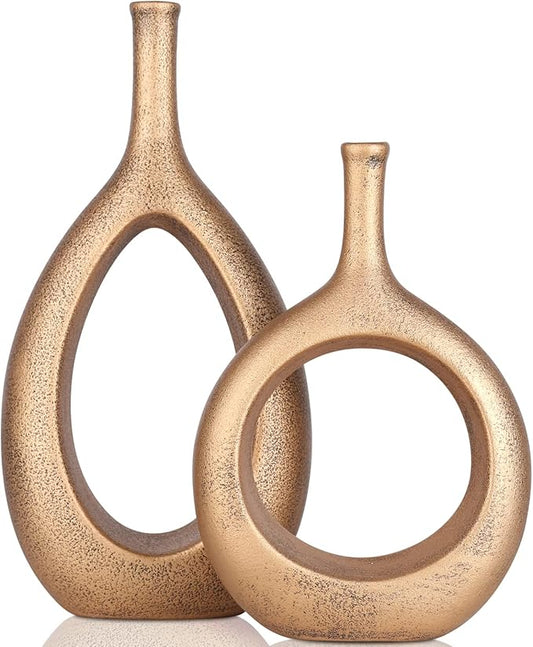 Vintage Gold Ceramic Vase Set 2,Modern Hollow Circle with Hole Flower Vase for Home Decor,for Table Centerpieces,Farmhouse,Fire Place,Living Room,Bedroom,Office,Bookshelf,Rustic Decor