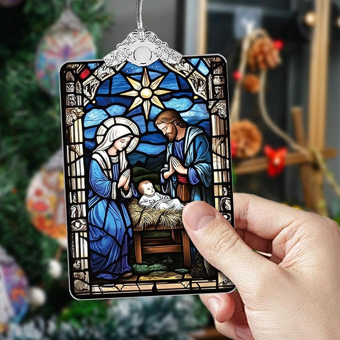 Nativity Scene Stained Glass Ornament, 2025 Christmas Tree Hanging Decoration for Gift Exchange or Religious Holiday Display, 3.8 x 2.4 Inch