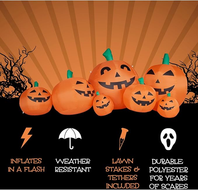 Haunted Hill Farm 10-ft. Wide Pumpkin Family Blow Up with Lights, Outdoor Halloween Inflatable Decoration for Lawn and Yard, Giant Spooky Holiday Decor
