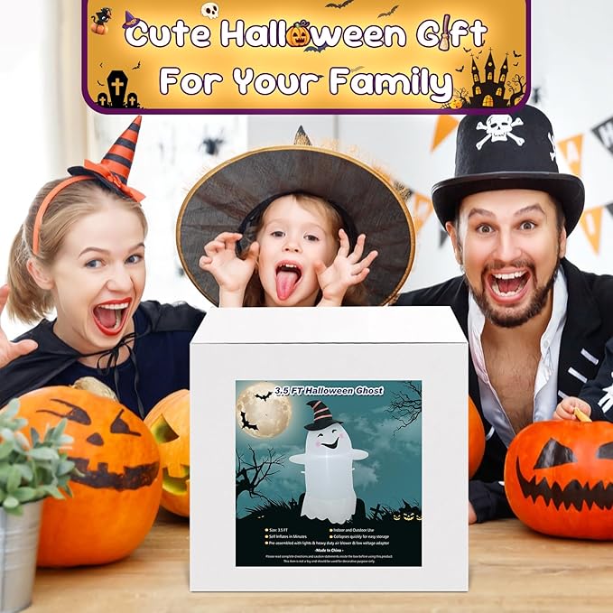3.5FT Halloween Inflatable Decor with LED Lights Striped Hat Ghost Halloween Blow Up Decorations Indoor Outdoor Yard Garden Party Holiday Decoration