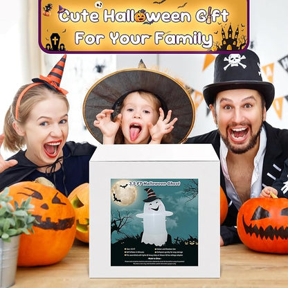 3.5FT Halloween Inflatable Decor with LED Lights Striped Hat Ghost Halloween Blow Up Decorations Indoor Outdoor Yard Garden Party Holiday Decoration