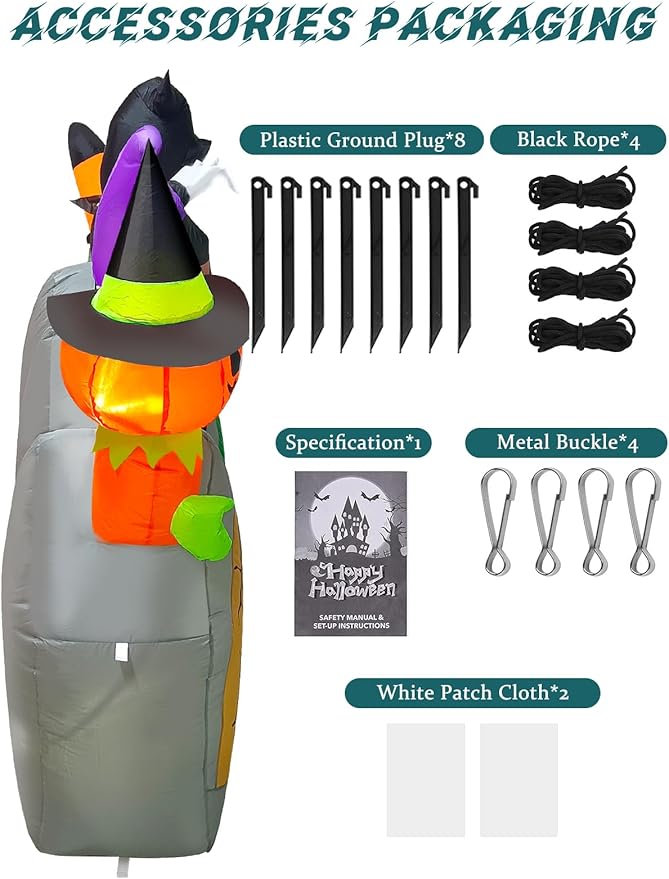 Kalolary 8FT Long Halloween Inflatable Decoration,Blow Up Yard Decoration with Pumpkin Ghost Witch Grim Reaper Black Cat Black Bat Tombstone Build-in Light Decor for Garden Lawn Indoor Outdoor