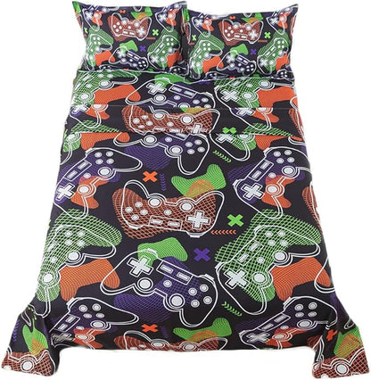 qjmiaofang Gamer Sheets Queen for Boys Gamer Sheet Set Video Game Bed Sheet Set 4Pieces Gaming Sheets Queen Gamer Fitted Sheet Gaming Bedding Set 1 Fitted Sheet 1 Flat Sheet 2 Pillowcase