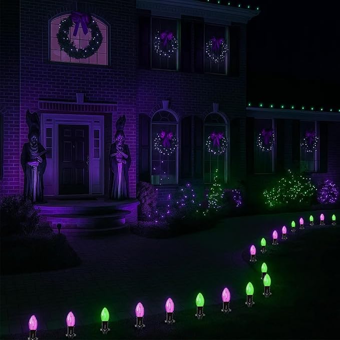 Halloween Stake Lights, 10PK C9 LED Pathway Lights with Purple & Green Bulbs, 19.5ft Outdoor Walkway Lights, Waterproof, Extendable Yard, Driveway, Porch & Garden Halloween Decorations