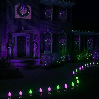 Halloween Stake Lights, 10PK C9 LED Pathway Lights with Purple & Green Bulbs, 19.5ft Outdoor Walkway Lights, Waterproof, Extendable Yard, Driveway, Porch & Garden Halloween Decorations