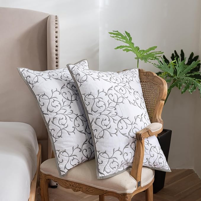 mixinni King Size Quilt 3-Piece Grey Embroidery Floral Pattern Bedspread Coverlet Set, (1 Quilt,2 Pillow Shams)-King Size