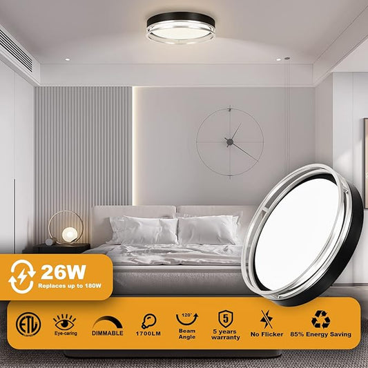 12.5 Inch LED Flush Mount Ceiling Light Fixture, 26W, Super Bright 1700 Lumens, 3 Color 3000K/4000K/5000K, Dimmable Ceiling Lamp for Bedroom Hallway Bathroom Kitchen Laundry (Black Nickel)