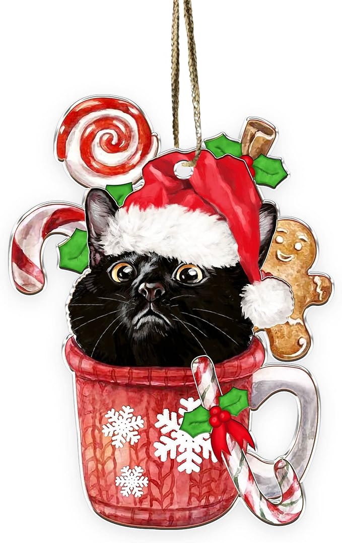 Acrylic Cat Christmas Ornament - Cute Black Kitten Decoration for Cat Lovers - 2024 Xmas Tree Hanging