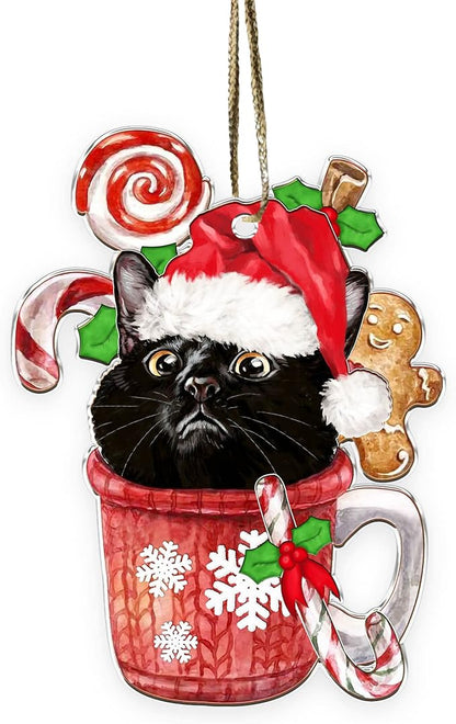 Acrylic Cat Christmas Ornament - Cute Black Kitten Decoration for Cat Lovers - 2024 Xmas Tree Hanging
