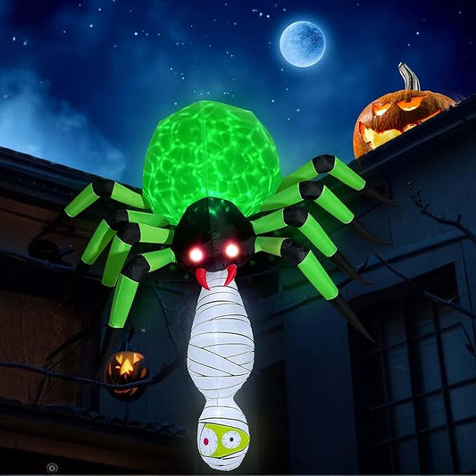 7FT Halloween Inflatables Spider Outdoor Decorations, Large Halloween Blow Up Yard Decorations with Mummy and Green LED Light, Scary Inflatable Decor for Eaves Cobweb Window Yard Lawn