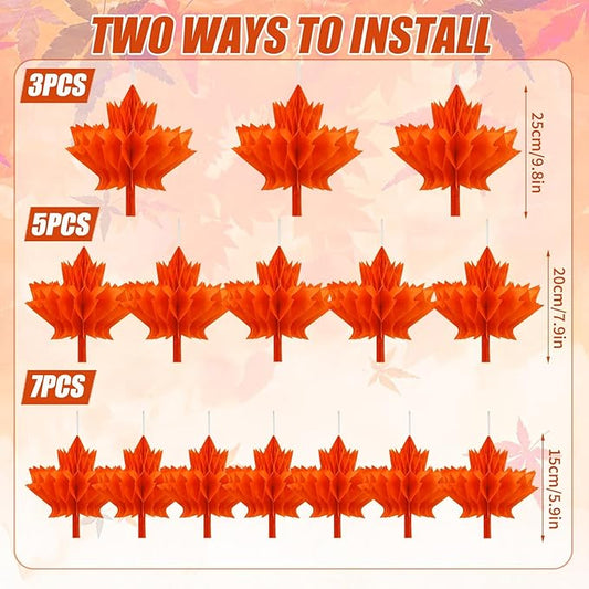 15Pcs Maple Leaf Honeycomb Decorations, Fall Thanksgiving Paper Honeycomb Hanging Ornaments for Autumn Party Favor Supplies Home Decor