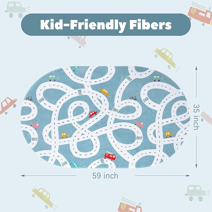 LIVEBOX Blue 3'x5' Non-Slip Kids Play Rug, Machine Washable Road Mat for Playroom, Toy Room Carpet with Cartoon Design for Boys and Girls