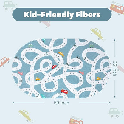 LIVEBOX Blue 3'x5' Non-Slip Kids Play Rug, Machine Washable Road Mat for Playroom, Toy Room Carpet with Cartoon Design for Boys and Girls