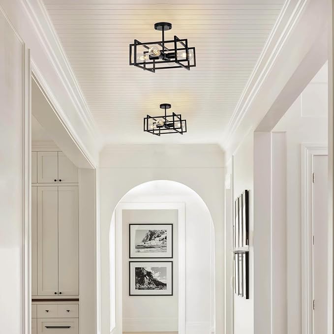 Industrial Semi Flush Mount Ceiling Light Fixture,4-Light Kichen Light Fixture Ceiling Mount,Farmhouse Chandelier,Modern Black Ceiling Light for Dining Room, Bedroom, Hallway