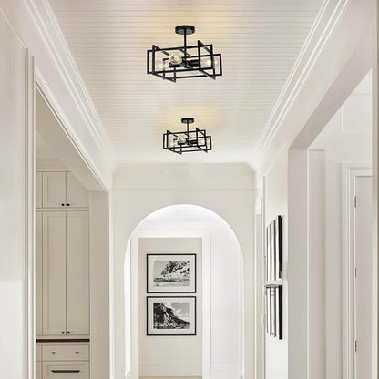 Industrial Semi Flush Mount Ceiling Light Fixture,4-Light Kichen Light Fixture Ceiling Mount,Farmhouse Chandelier,Modern Black Ceiling Light for Dining Room, Bedroom, Hallway