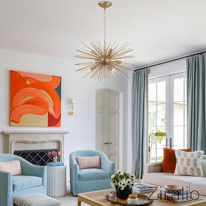 24" Modern Golden Sputnik Chandelier Vintage 9-Lights Geometric Starburst Chandelier Light Fixture Gold Solid Metal Sputnik Chandeliers for Dining Room, Kitchen, Bedroom, Living Room, E12