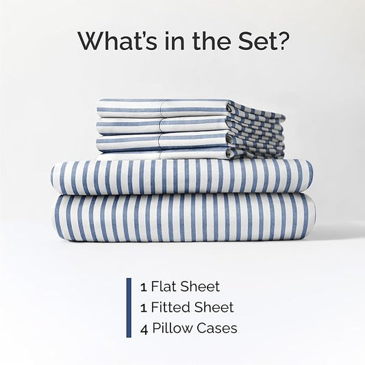 CGK Linens Cal King 6 Piece Sheet Set - Cooling Sheets for Hot Sleepers - Hotel Luxury Bedding Set w/ 8-16 Inch Deep Pockets - 1 Flat & 1 Fitted & 4 Pillowcases - Soft & Wrinkle Free - Blue Stripes