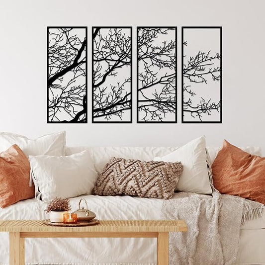 ESTART 4 Pieces Tree of Life Metal Wall Decor, Black Tree Branch Metal Wall Art, Tree Sign Wall Hangings for Home Garden Office Living Room Indoor Outdoor (Large)