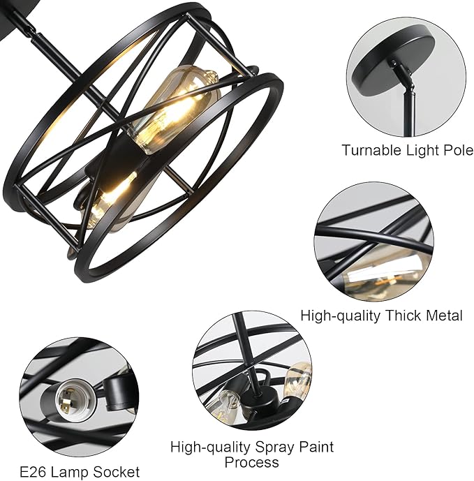 Farmhouse Semi Flush Mount Ceiling Light Fixtures, 11.8“ 2-Light Black Industrial Sloped Ceiling Lighting with Metal Cage for Kitchen, Hallway, Entryway, Laundry Room, Bedroom, E26
