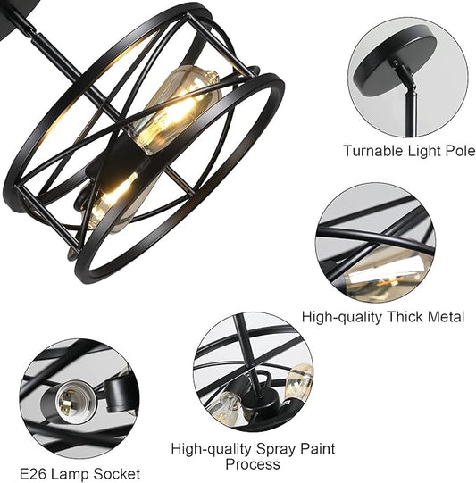 Farmhouse Semi Flush Mount Ceiling Light Fixtures, 11.8“ 2-Light Black Industrial Sloped Ceiling Lighting with Metal Cage for Kitchen, Hallway, Entryway, Laundry Room, Bedroom, E26
