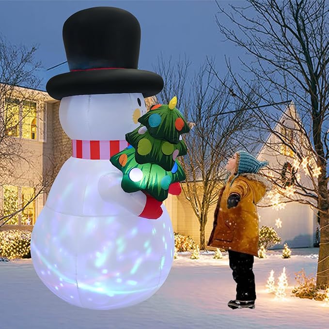8 FT Christmas Inflatables Snowman Yard Decoration, Blow Up Snowman with Christmas Tree Outdoor Decoration with Rotating LED Lights for Holiday Party Patio Garden Lawn Decor